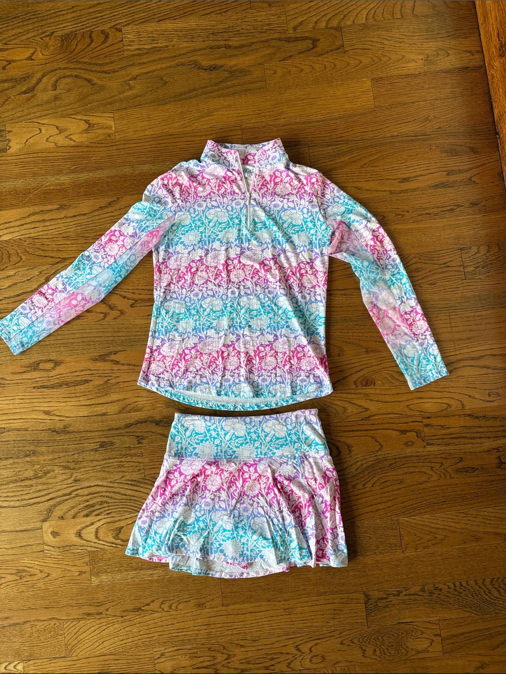 IBKUL Pink & Blue Floral Long-Sleeve Swim Top with Matching Skort